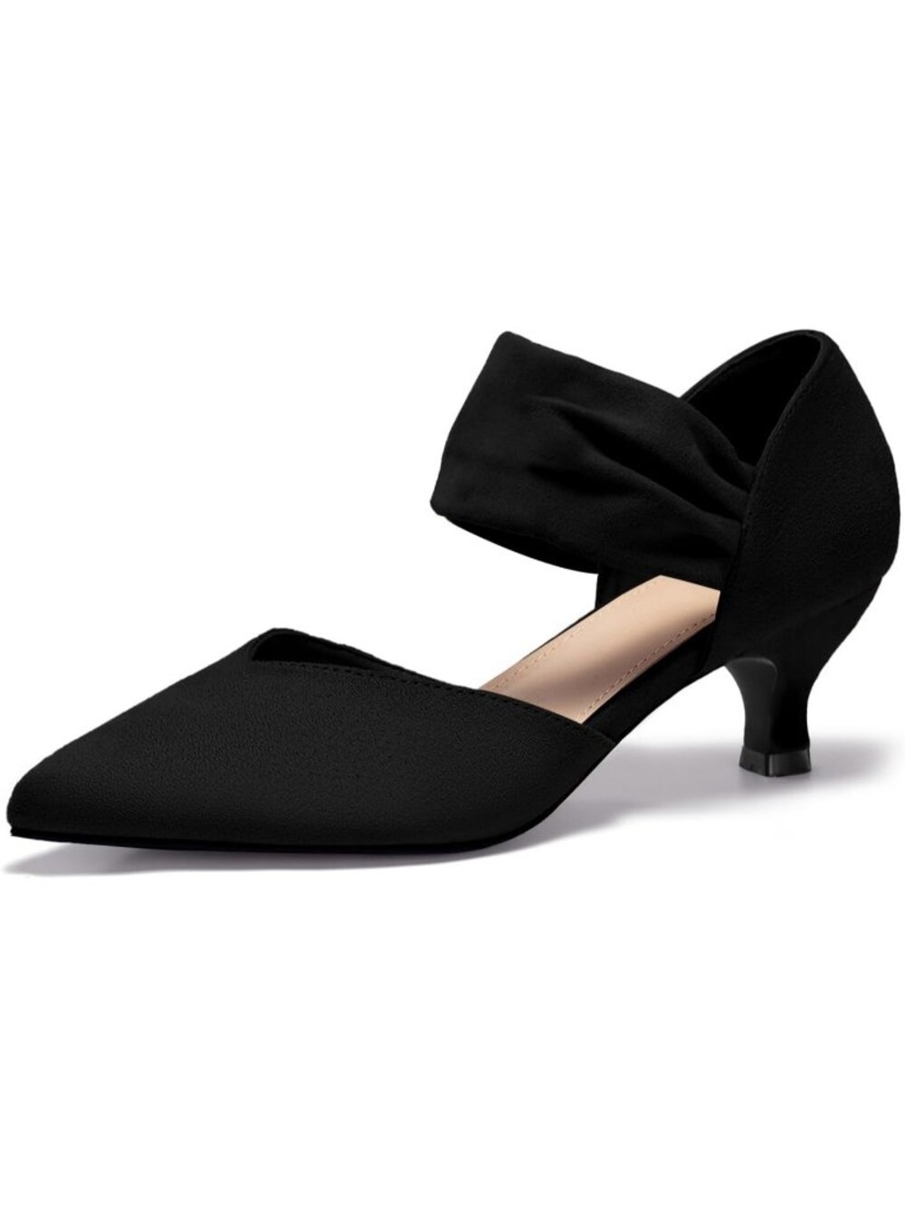 Women's Black Faux Suede Slip on Pointed Toe Ankle Strap Low Kitten Heels Shoes